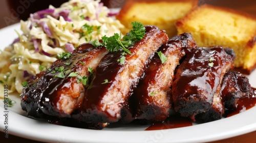 A tempting plate of barbecue ribs with a sticky glaze, served with coleslaw and cornbread, Rib plate centered