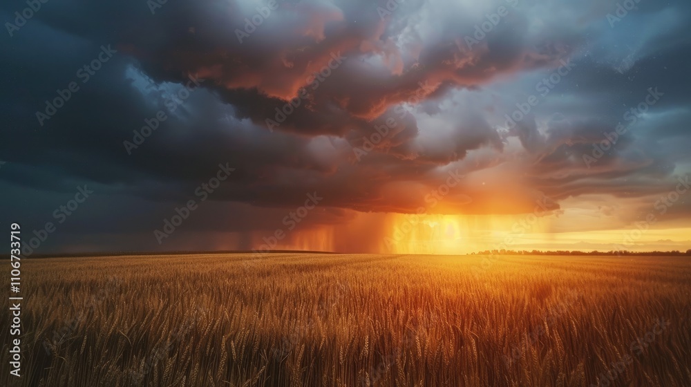 Sunset overlooking wheat field under dark rainy clouds. Sunset overlooking wheat field under dark rainy clouds.