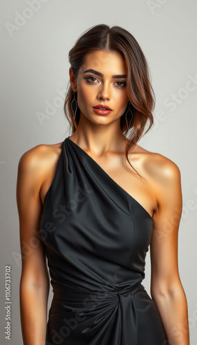 Chic model with a slim and toned physique posing confidently in a stylish tight dress showcasing the harmony of beauty and glamour in a professional studio portrait