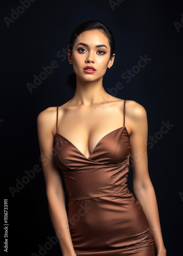 Sophisticated woman in a stylish emerald dress exuding confidence and grace in a high-fashion portrait that captures timeless elegance and the beauty of feminine charm