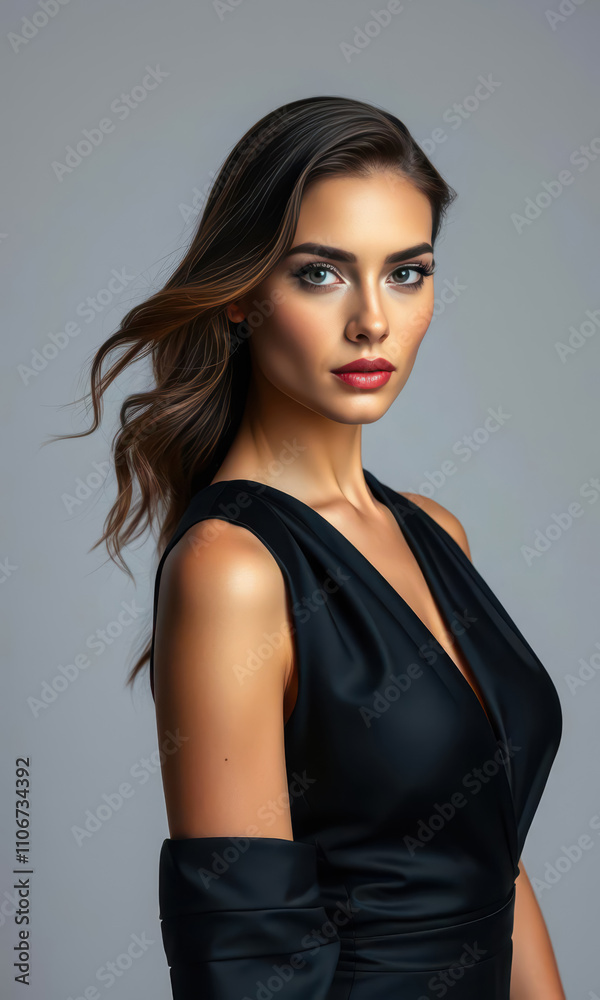 Fototapeta premium Elegant woman with flowing hair and flawless makeup posing gracefully in a glamorous outfit showcasing the sophistication and charm of high-end contemporary beauty