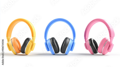 Colorful headphones in yellow, blue, and pink on white background, showcasing modern design and vibrant colors that appeal to music lovers