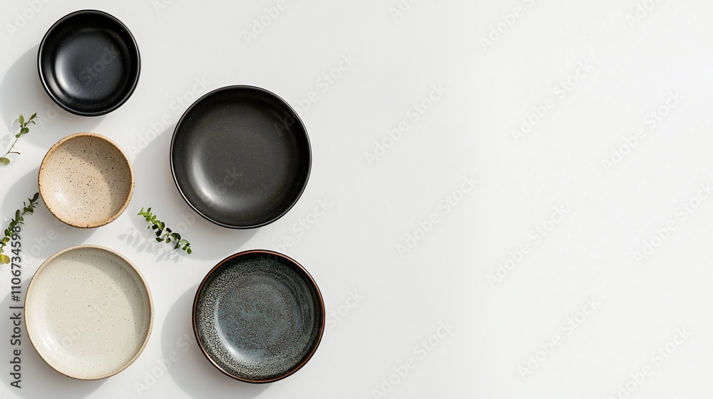 Assorted ceramic bowls arranged on white surface with sprigs. Assorted ceramic bowls arranged on white surface with sprigs.