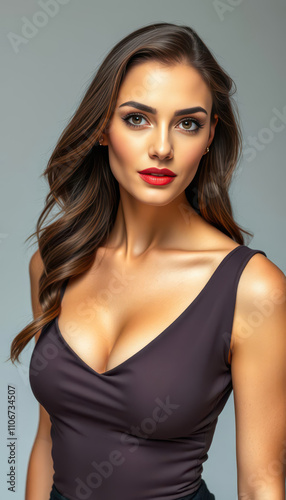 Charming female model in a sleek black outfit with flawless makeup striking a pose in a professional studio environment highlighting the elegance of high-end modern style