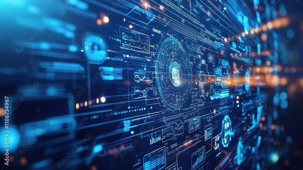 Abstract digital healthcare technology scene with glowing data visualizations, circuits, and futuristic elements creating vibrant atmosphere of innovation and connectivity