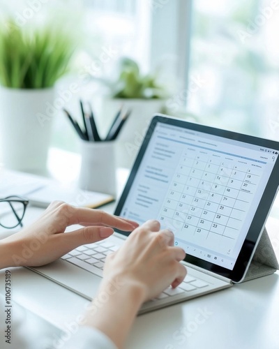 A person is using a tablet to look at a calendar