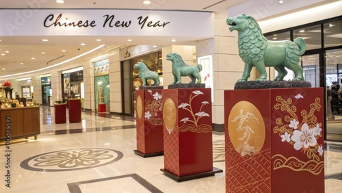 Shopping Pedestals Throughout the mall elevated pedestals feature traditional Chinese New Year symbols like jadeite figurines of the Zodiac animal each beautifully painted and p photo