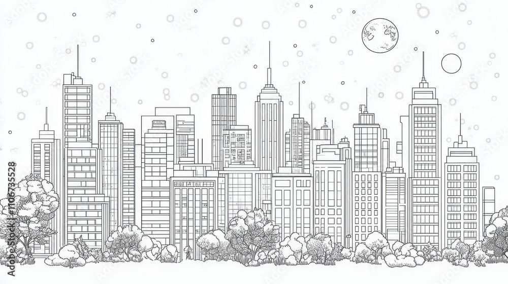 A detailed line drawing of a city skyline with trees and a moon, perfect for coloring. A detailed line drawing of a city skyline with trees and a moon, perfect for coloring.