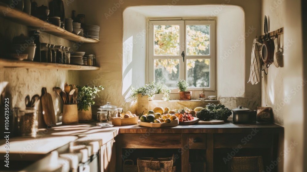 Sunlit Rustic Kitchen with Fresh Produce Display Sunlit Rustic Kitchen with Fresh Produce Display