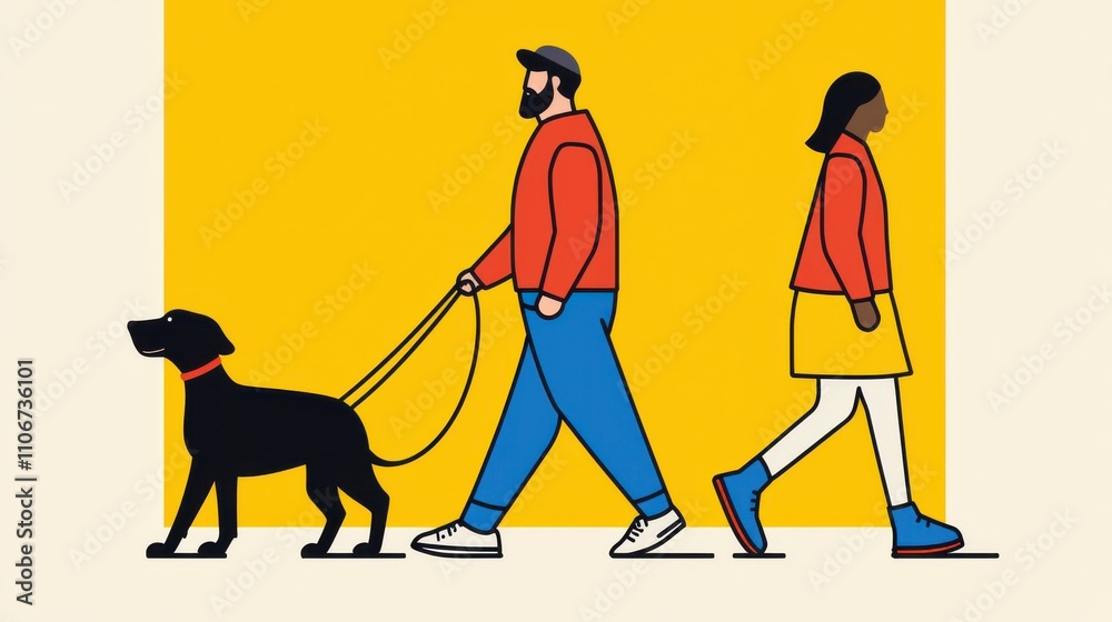 insulin resistance exercise design. Two people walking a dog against a bright yellow background. insulin resistance exercise design. Two people walking a dog against a bright yellow background.