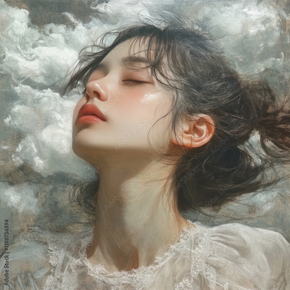A serene portrait of a woman with closed eyes, surrounded by soft clouds. A serene portrait of a woman with closed eyes, surrounded by soft clouds.