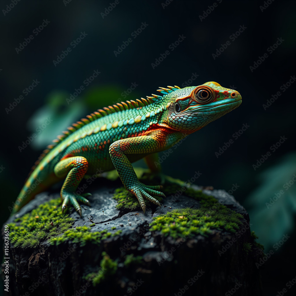 vividly colored lizard perched on a moss-covered tree stump. vividly colored lizard perched on a moss-covered tree stump.