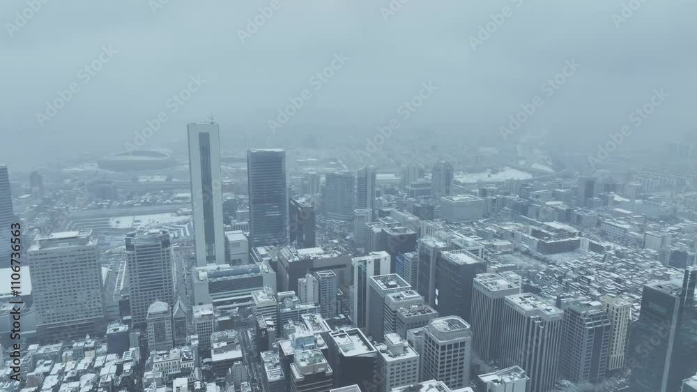 Aerial View of Seoul city in South Korea, Gangnam financial district, Winter, Snow Aerial View of Seoul city in South Korea, Gangnam financial district, Winter, Snow