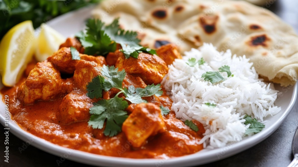 A tempting plate of chicken tikka masala served with basmati rice and garlic naan, Chicken tikka masala arranged neatly on the plate, Fresh cilantro leaves for garnish A tempting plate of chicken tikka masala served with basmati rice and garlic naan, Chicken tikka masala arranged neatly on the plate, Fresh cilantro leaves for garnish