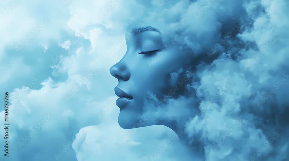 Ethereal female faces emerging from clouds, representing dreams and introspection. soft blue tones, serene expressions, layered profiles, mystical atmosphere. Ethereality. Illustration Ethereal female faces emerging from clouds, representing dreams and introspection. soft blue tones, serene expressions, layered profiles, mystical atmosphere. Ethereality. Illustration