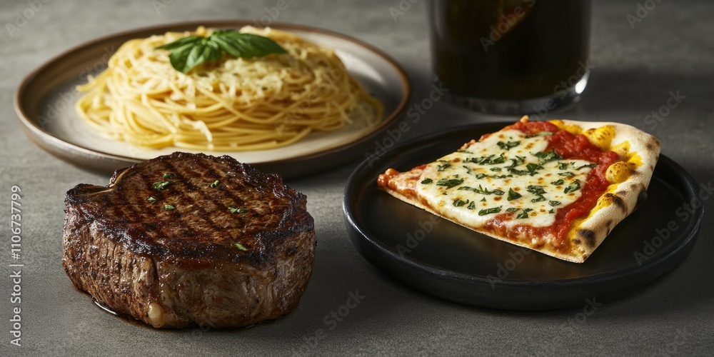A plate featuring steak, pasta, and pizza, showcasing a delicious meal. A plate featuring steak, pasta, and pizza, showcasing a delicious meal.