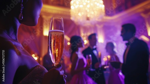 Upscale party scene with elegantly dressed people celebrating in a luxurious environment