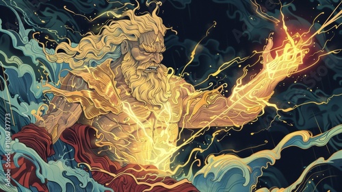 Majestic God of the Sea Unleashing Power: A Digital Painting of a Powerful Deity photo