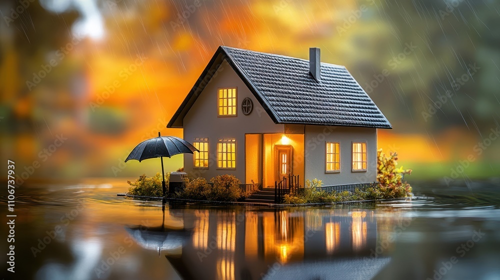 Fototapeta premium Rainy day serenity cozy house with umbrella tranquil nature setting beautiful evening glow peaceful view