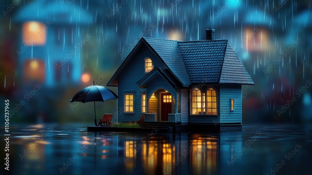 Cozy home under rain evening scene digital art tranquil environment close-up view serenity concept Cozy home under rain evening scene digital art tranquil environment close-up view serenity concept