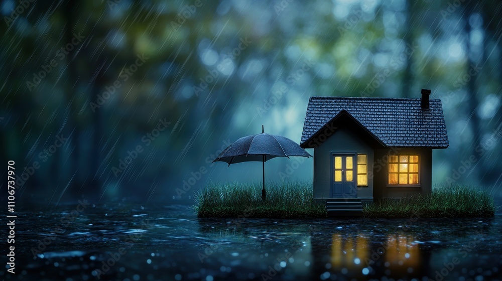 Fototapeta premium Cozy home surrounded by rain serene nature digital art nighttime tranquility and comfort