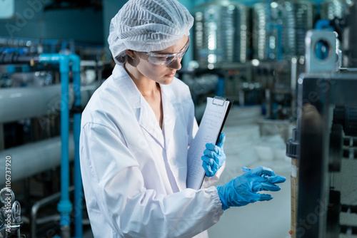 Fototapet Female worker QC using tablet working production line high pressure tank of drink water filter process filling water into plastic bottles to bring out to consumers