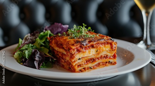 Delicious lasagna served with a side salad on a white plate.