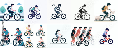 Vector set of a teenager cycling with a simple flat design style