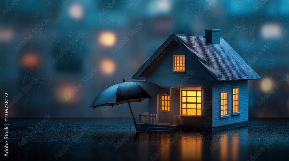 Creative home design cozy house with umbrella night view digital artwork tranquil environment conceptual imagery Creative home design cozy house with umbrella night view digital artwork tranquil environment conceptual imagery