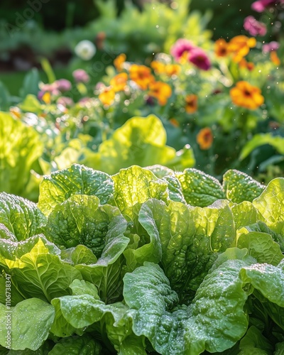 A vibrant garden features butterhead lettuce glistening with dew, surrounded by colorful flowers and bees. photo