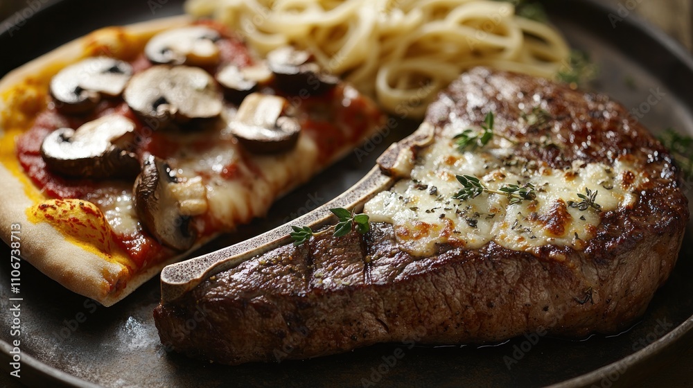 A plate featuring a steak, pizza with mushrooms, and spaghetti, showcasing a hearty meal. A plate featuring a steak, pizza with mushrooms, and spaghetti, showcasing a hearty meal.