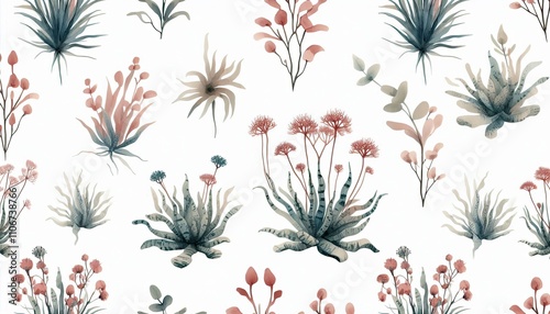 minimalist seamless pattern design of Cryptophyte Plant in watercolor illustration with loose and fluid forms, photo