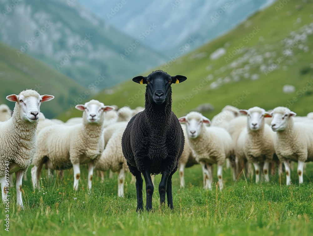Fototapeta premium black sheep stands out among flock of white sheep in lush green meadow, surrounded by rolling hills and mountains. scene captures beauty of nature and uniqueness of black sheep