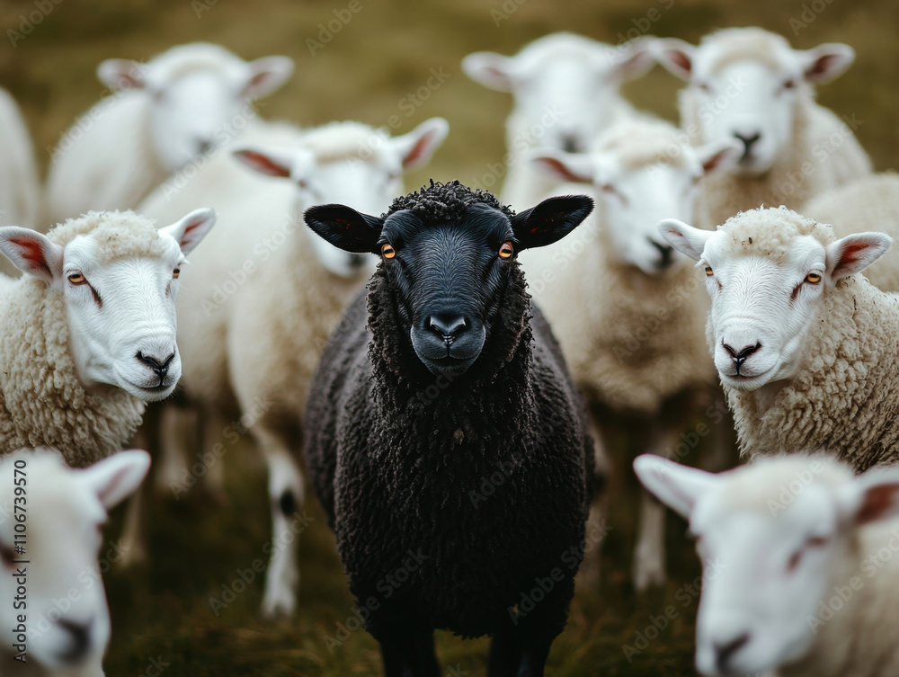 black sheep stands out among group of white sheep, showcasing uniqueness in serene pasture. contrast highlights individuality and beauty of diversity black sheep stands out among group of white sheep, showcasing uniqueness in serene pasture. contrast highlights individuality and beauty of diversity