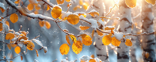 Captivating winter scene of birch trees with snow-covered yellow leaves, sunlit forest bathed in soft light, casting intricate patterns on the snow-covered ground.