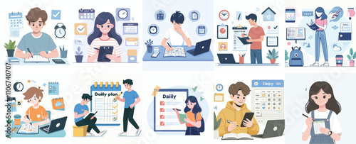 Vector set of a teenager making daily plans in a simple flat design style