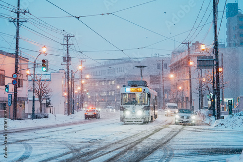 Snowy City Street Scene with Tram in Winter