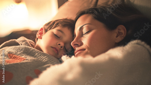 Mother and son sleeping together in cozy room, highlighting family bond and comfort