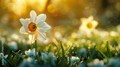 A banner featuring daffodils in white and yellow set against a spring meadow with warm light. Ultrarrealistic and detailed. photo