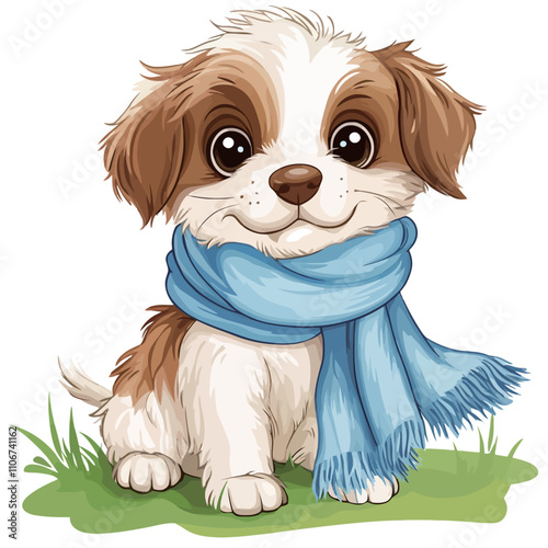 Cute shih tzu puppy with blue scarf on white background illustration.eps