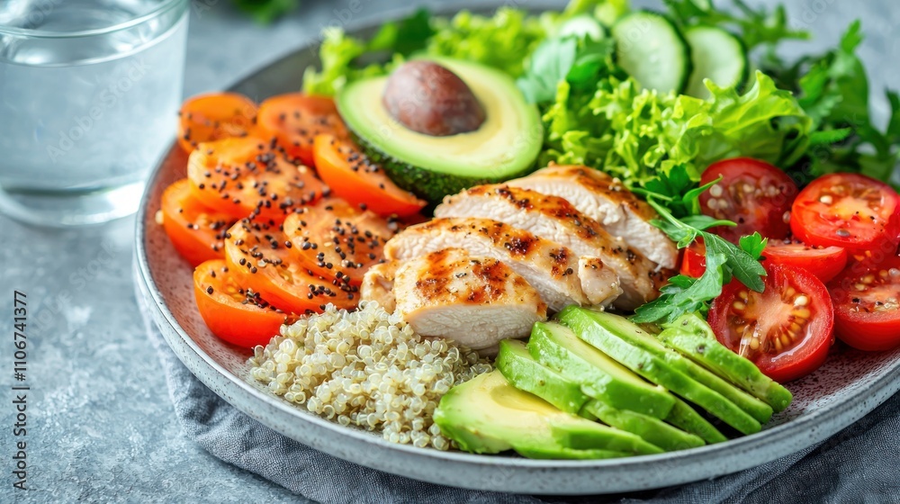 A plate filled with colorful, healthy ingredients like grilled chicken, quinoa, avocado, and fresh vegetables, served with water A plate filled with colorful, healthy ingredients like grilled chicken, quinoa, avocado, and fresh vegetables, served with water
