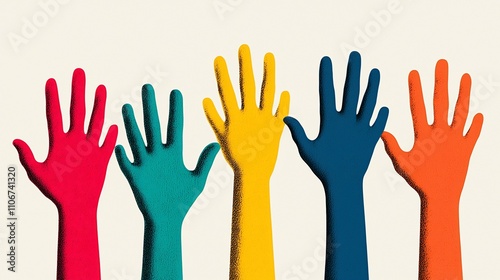 Colorful hands raised in solidarity, unity, and support.