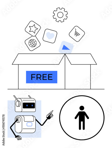 Cardboard box labeled FREE with scattered app icons. Robot pointing at human figure. Ideal for technology, innovation, AI, digital transformation, free resources, human interaction, automation. Line