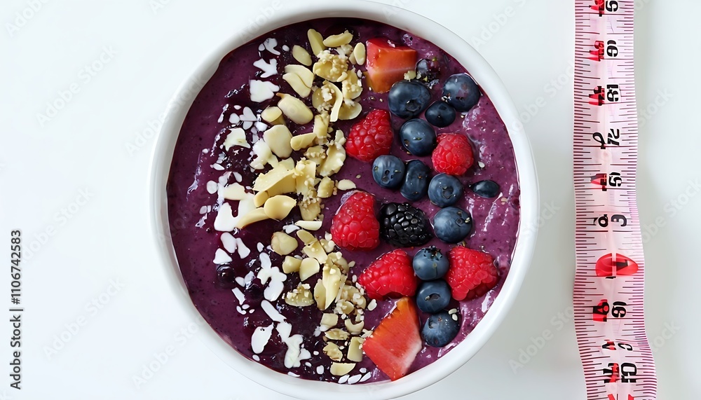 smoothie bowl with berries nuts and measuring tape smoothie bowl with berries nuts and measuring tape
