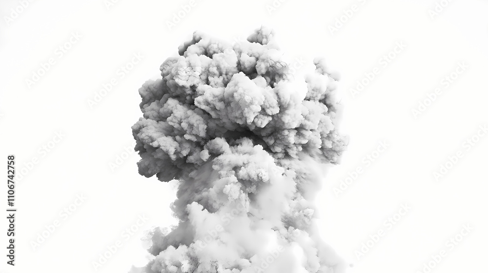 Naklejka premium A billowing cloud of gray smoke rises dramatically from a white background, evoking a sense of ethereality. Ethereality. Illustration