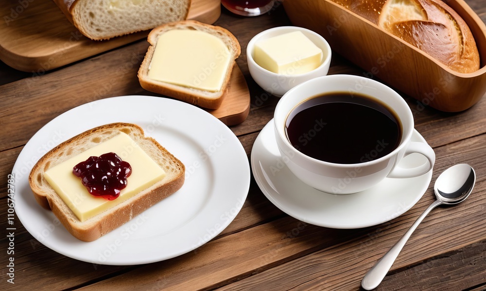 Burebrot is a delightful breakfast featuring fresh bread topped with creamy butter and sweet jam, paired with a hot cup of coffee on a rustic wooden table. Burebrot is a delightful breakfast featuring fresh bread topped with creamy butter and sweet jam, paired with a hot cup of coffee on a rustic wooden table.