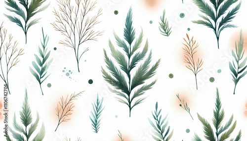 minimalist seamless pattern design of Cypress Leaf in watercolor illustration with loose and fluid forms,