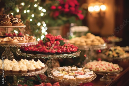 A delightful selection of desserts and pastries decorates the tables at a lively event, where guests interact in a warm atmosphere adorned with joyful ornaments