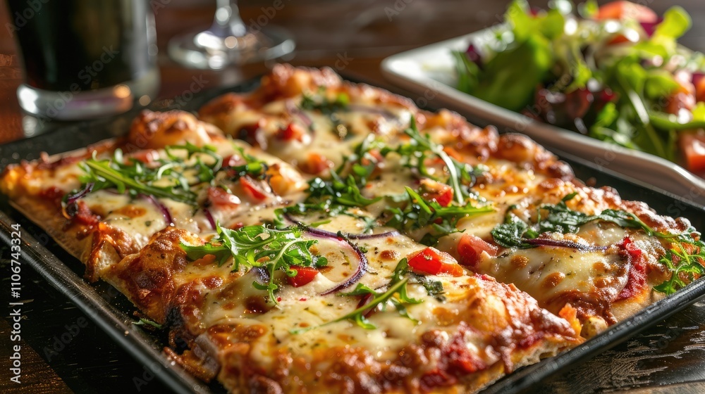 Pizza and salad served on a square dish Pizza and salad served on a square dish