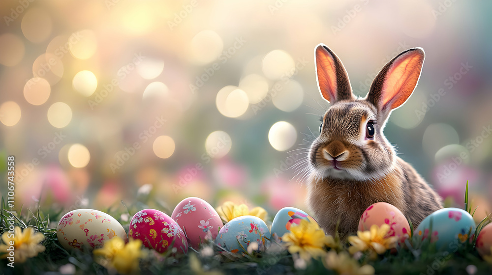 Cute Easter Bunny Sitting Among Colorful Eggs in a Grassy Meadow with a Bokeh Background Cute Easter Bunny Sitting Among Colorful Eggs in a Grassy Meadow with a Bokeh Background